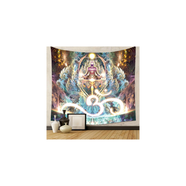 Gold boho mandala wall hanging with trippy geometric design for bedroom or living room decor.