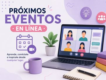 An online event announcement with laptop showing video call and motivational text.