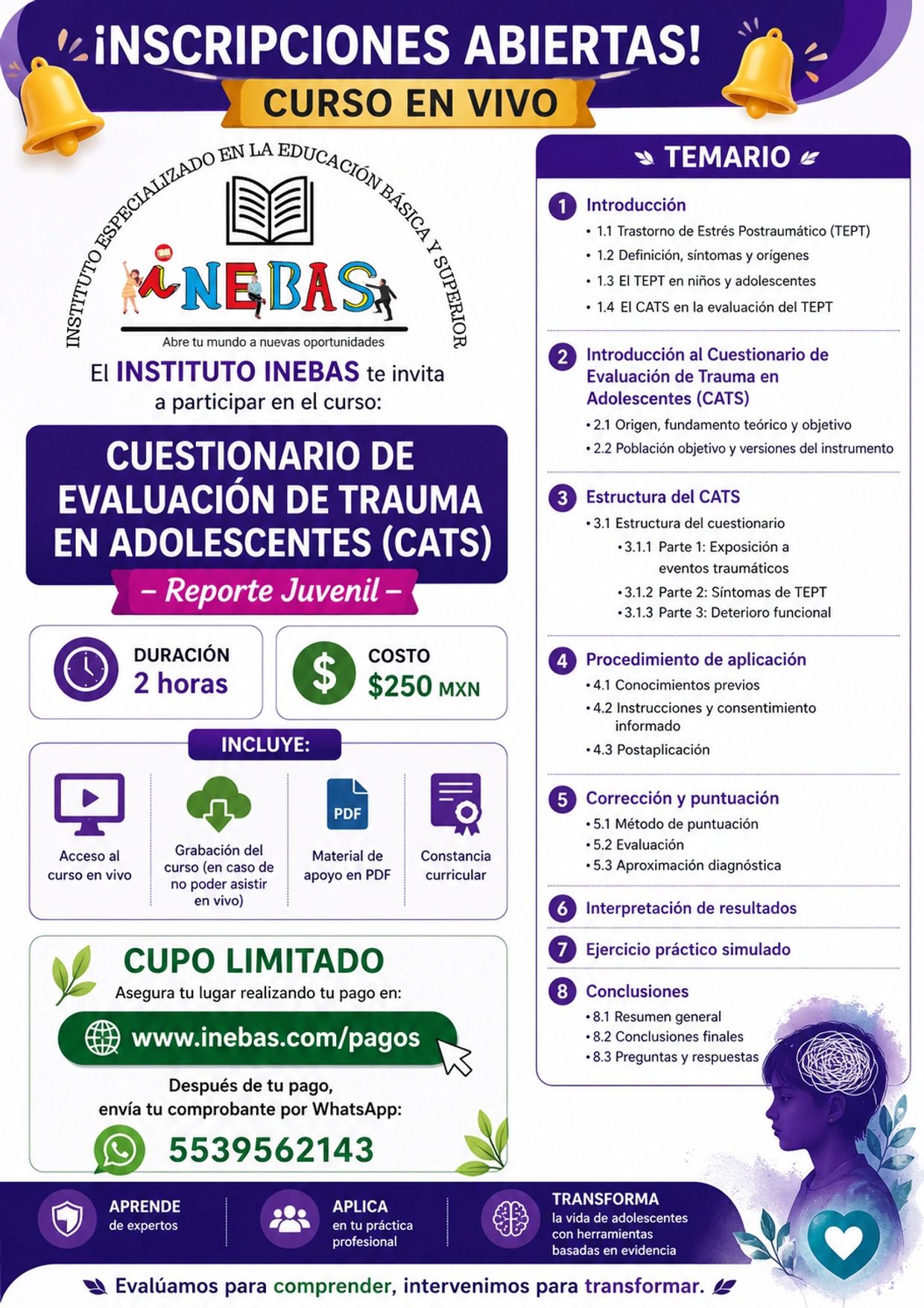 Curso en vivo sobre evaluación de trauma en adolescentes, duración 2 horas, costo $250 MXN.