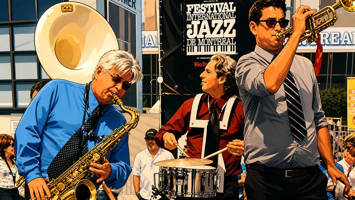 Three musicians perform energetically at the Montreal International Jazz Festival outdoors.