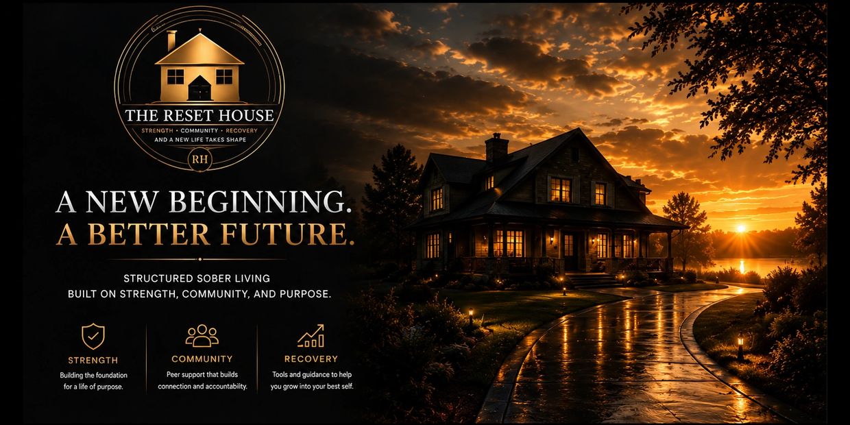 A serene, warmly lit house at sunset promoting structured sober living and recovery.