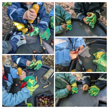 Children using tools and gloves while crafting outdoors.