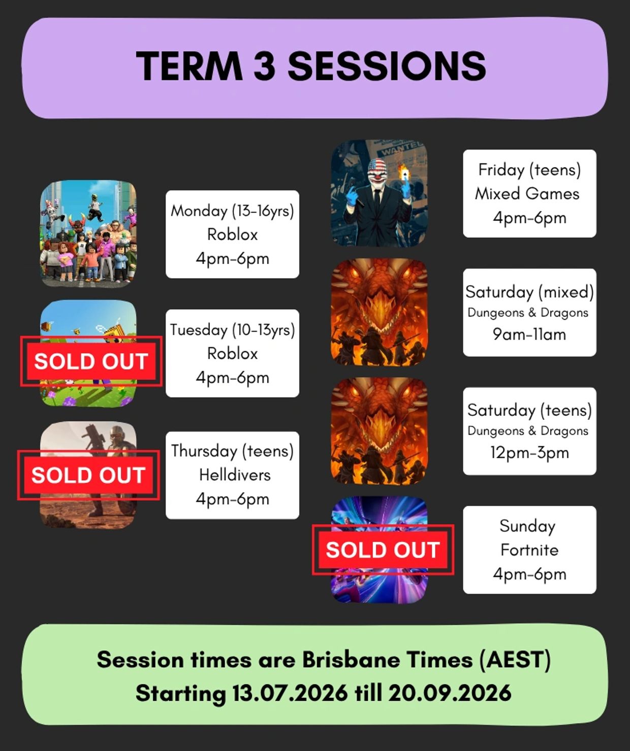 Term 3 gaming sessions schedule with some sold-out slots.