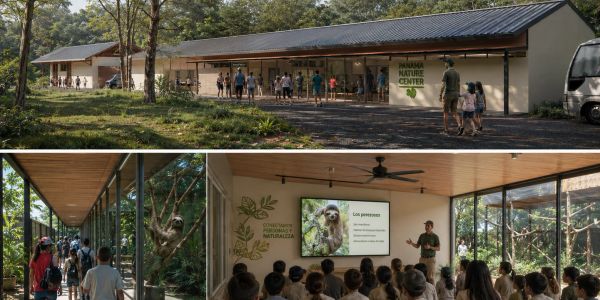 Centro de naturaleza con visitantes y exposición educativa sobre perezosos.