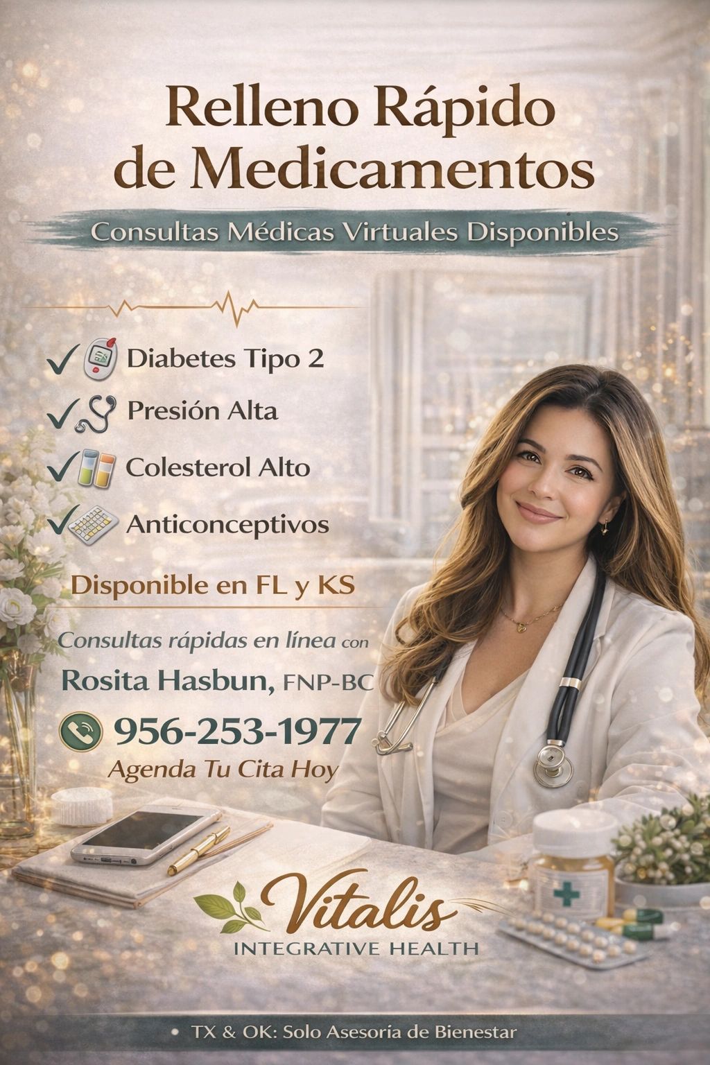 Relleno rápido de medicamentos con consultas médicas virtuales disponibles para varias condiciones.
