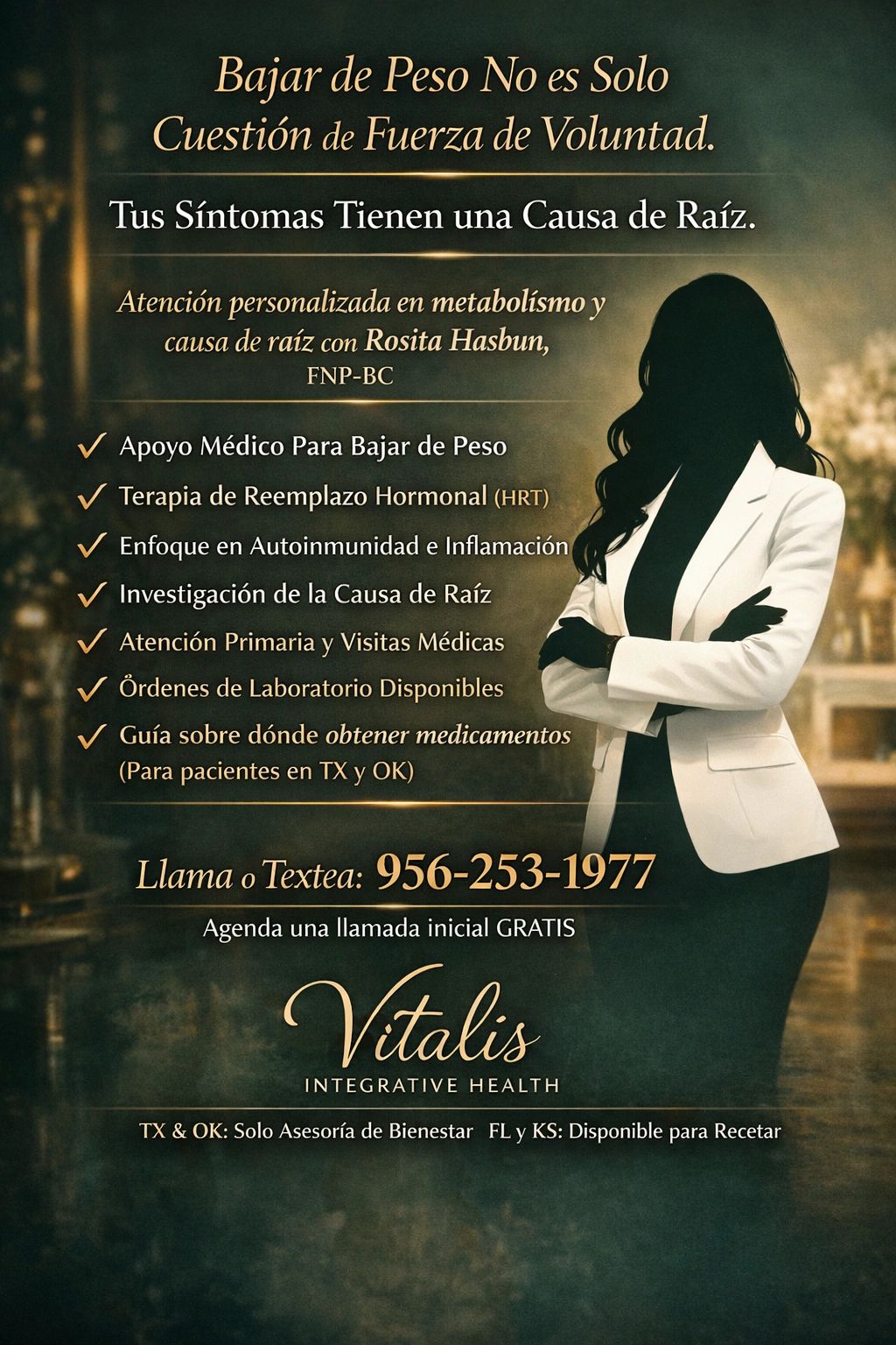 Anuncio en español sobre apoyo médico para bajar de peso con atención personalizada en metabolismo y causa raíz.