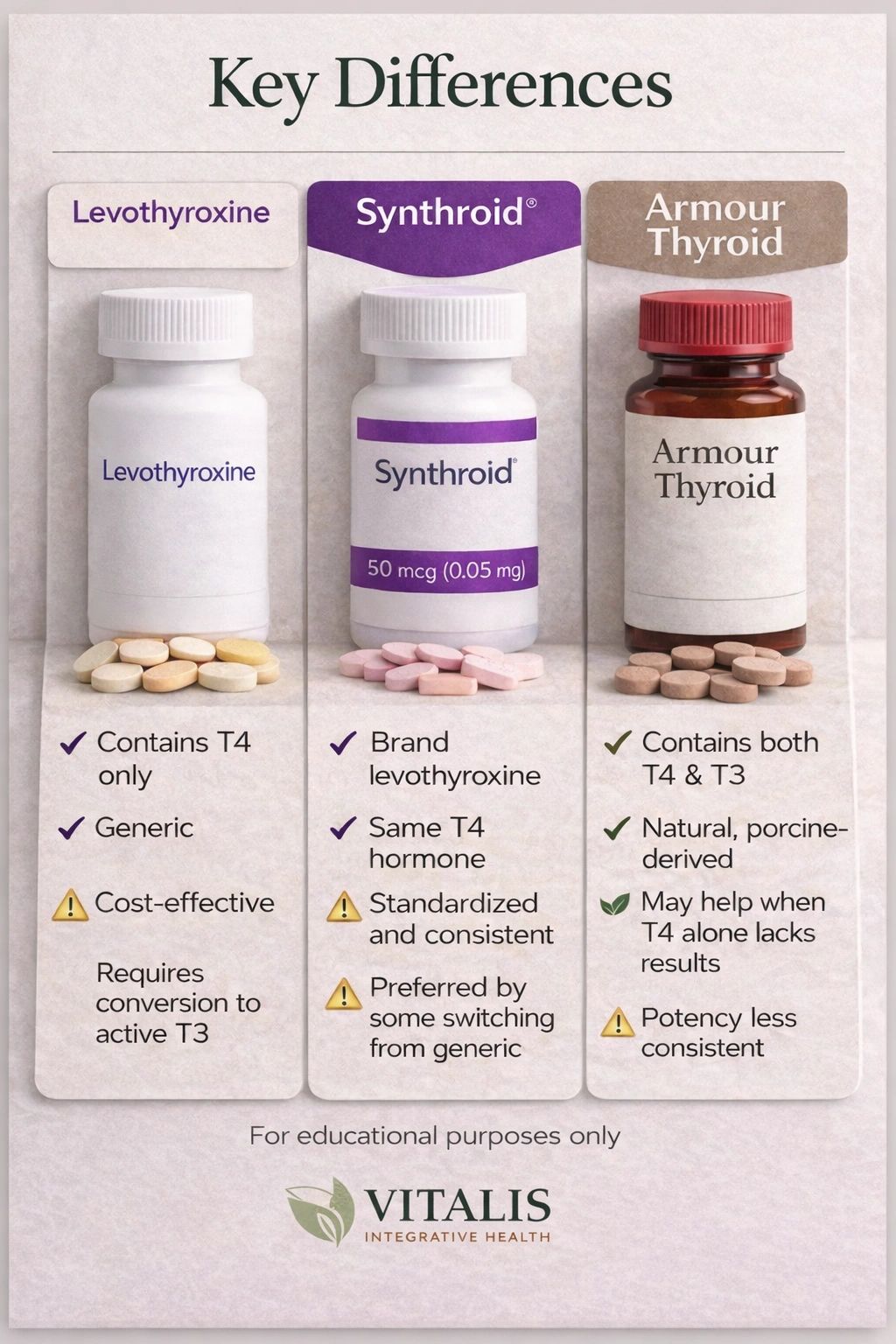 Comparison of Levothyroxine, Synthroid, and Armour Thyroid medications and their characteristics.