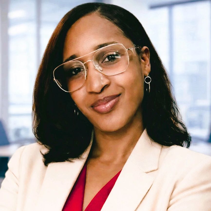 Portrait of a woman wearing glasses and a beige blazer, smiling warmly.