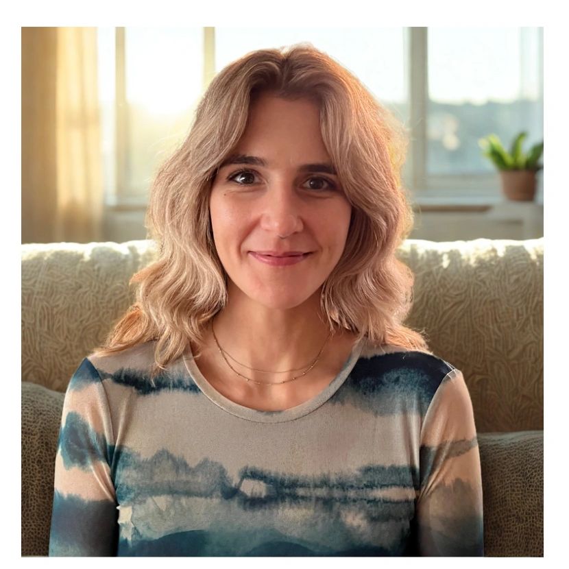 Smiling woman with wavy blonde hair sitting on a couch in warm sunlight.