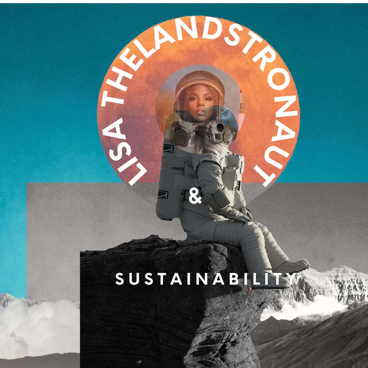 Astronaut Lisa Thelandstronaut sitting on rock with sustainability theme.
