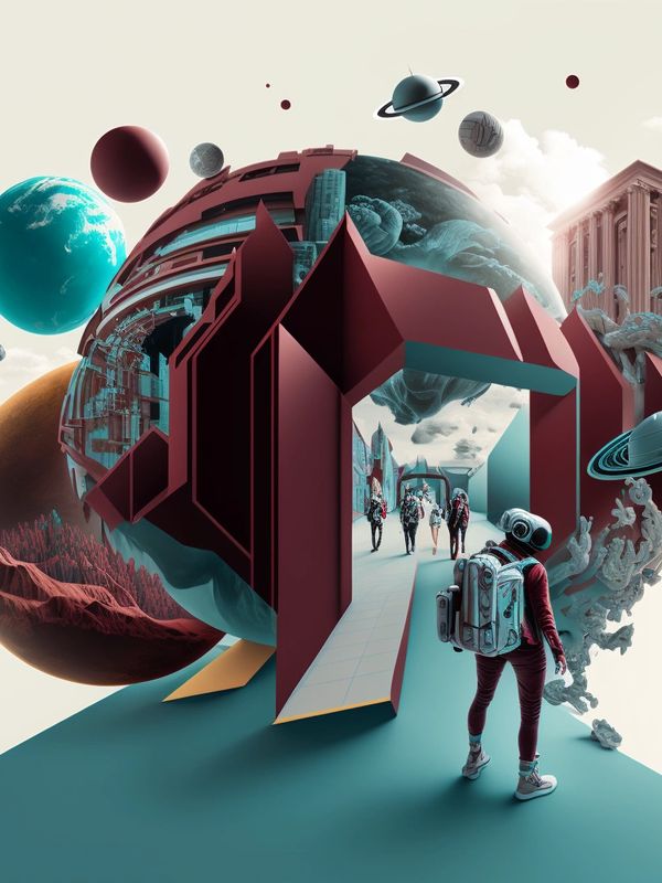 Futuristic astronaut exploring a surreal spherical portal with planets and structures.