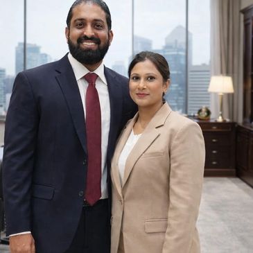 A professionally dressed man and woman standing together in an office.