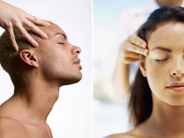 man and woman receiving scalp massage