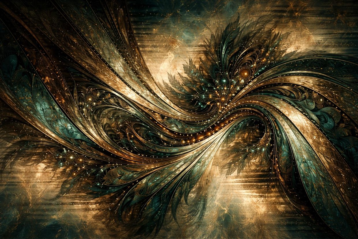 Intricate swirling fractal art with gold and teal accents.