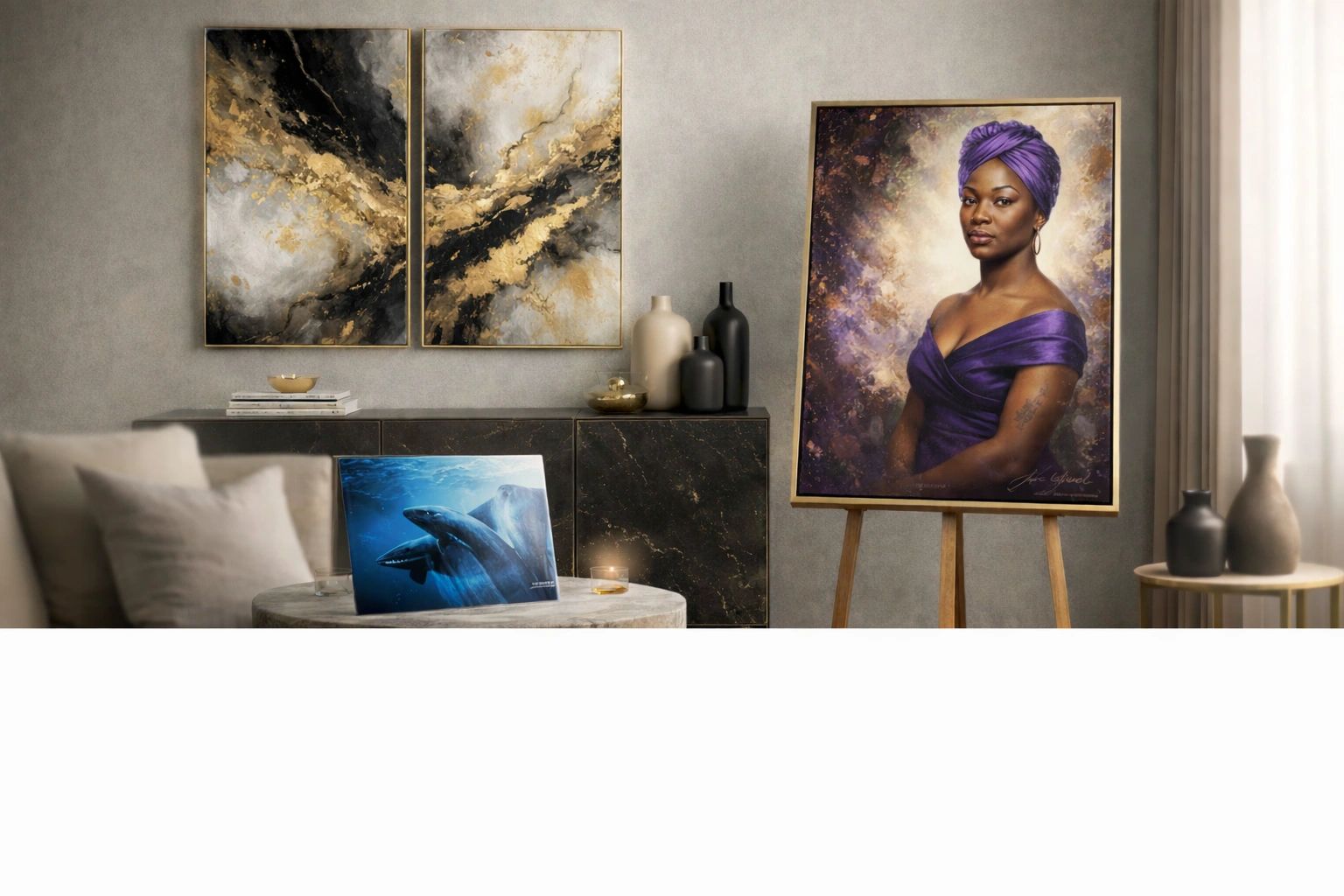 Elegant living room with diverse art pieces, including a portrait of a woman in purple and a shark underwater painting.