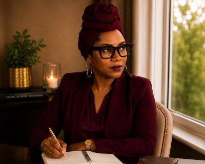 Woman in glasses writing at a desk by the window.