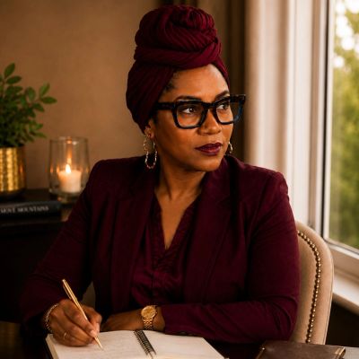 Woman in burgundy outfit writing in a notebook.