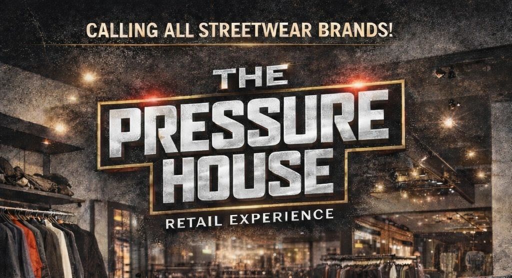 Advertisement calling streetwear brands for The Pressure House retail experience.