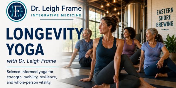 Longevity Yoga with Dr. Leigh Frame at Eastern Shore Brewing in St. Michaels, MD — small-group classes for evidence-informed strength, healthy aging, and community.