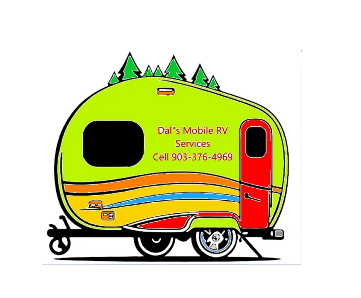 Colorful RV trailer with trees and mobile RV service contact info.