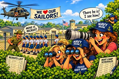 Navy moms cheer for recruits during boot camp.