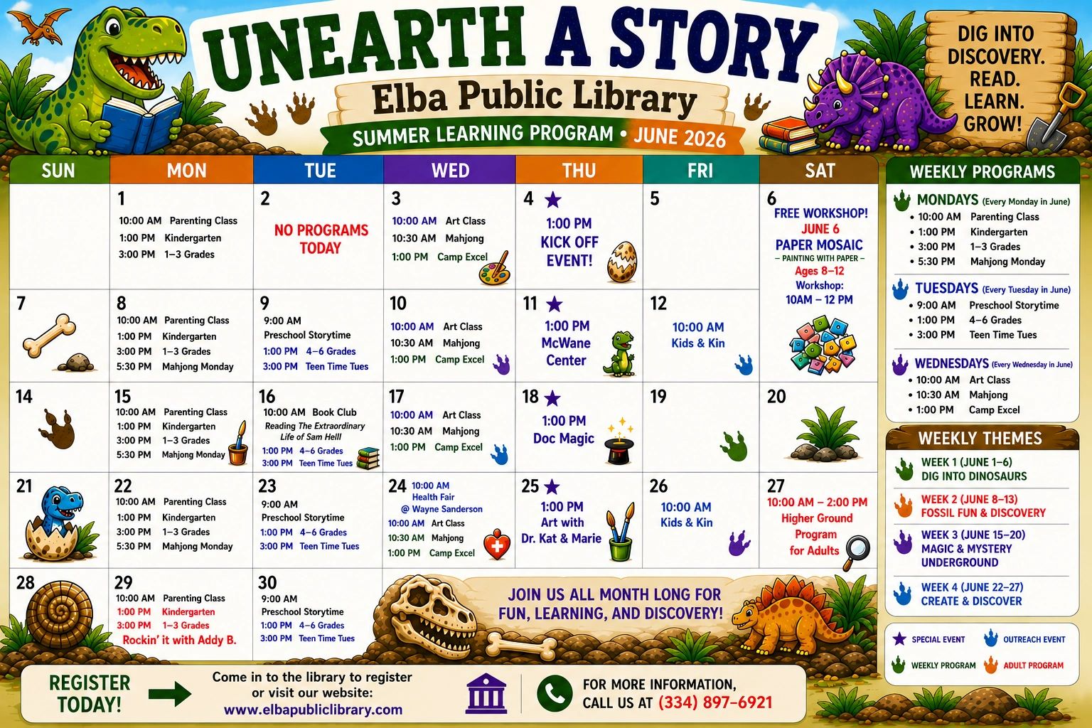 Ill. June 2026 calendar for the Elba Public Library Summer Learning Program titled “Unearth a Story.