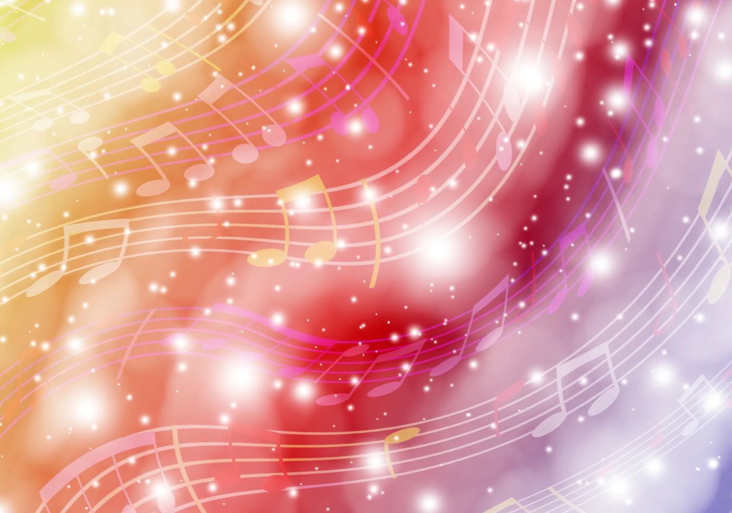 Colorful musical notes float on a dreamy, glowing background.