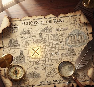 Old treasure map of Mitchell, Indiana with landmarks and compass.