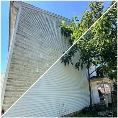 Before and after of a house that Garden State Exterior Cleaning soft washed. 