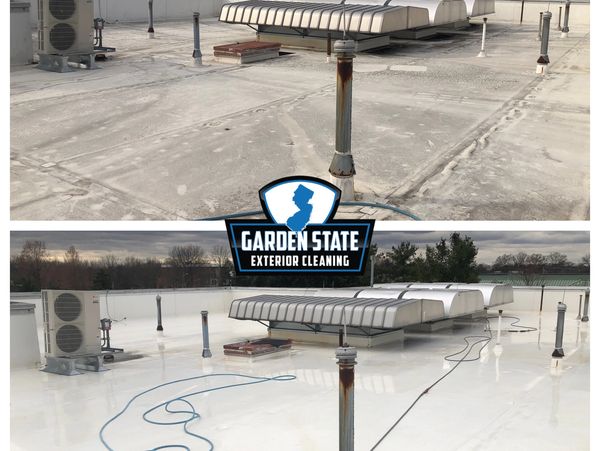Before and after low pressure roof cleaning on a TPO roof in Voorhees, Nj. 