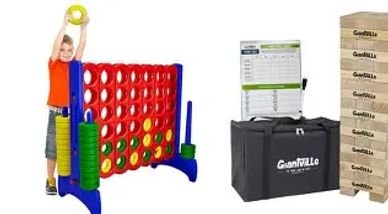A child playing giant Connect 4 beside a giant Jenga set with storage bag.