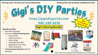 Gigi's DIY Parties offers a gaming bundle with giant yard games and a concession machine for rent in Justin, TX.