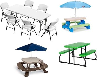 Four different picnic and folding table sets with umbrellas and chairs.