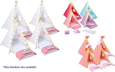 Colorful kids' teepee tents with cozy beds and string lights.