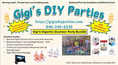 Gigi's DIY Parties offers a $350 slumber party bundle with tents, movie screen, concession machines, and Nerf Wars package.
