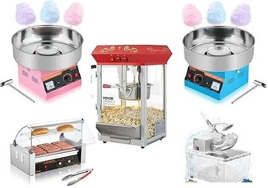 Cotton candy machines, popcorn maker, hot dog roller, and ice crusher displayed.