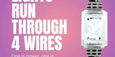 Close-up of a 4-wire LED light connector with instructional text on a pink background.