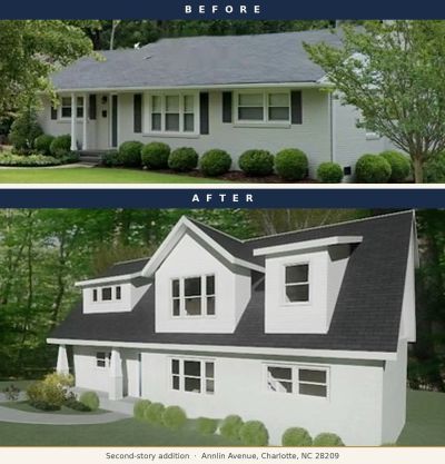 Before and after photos of a house with a second-story addition.