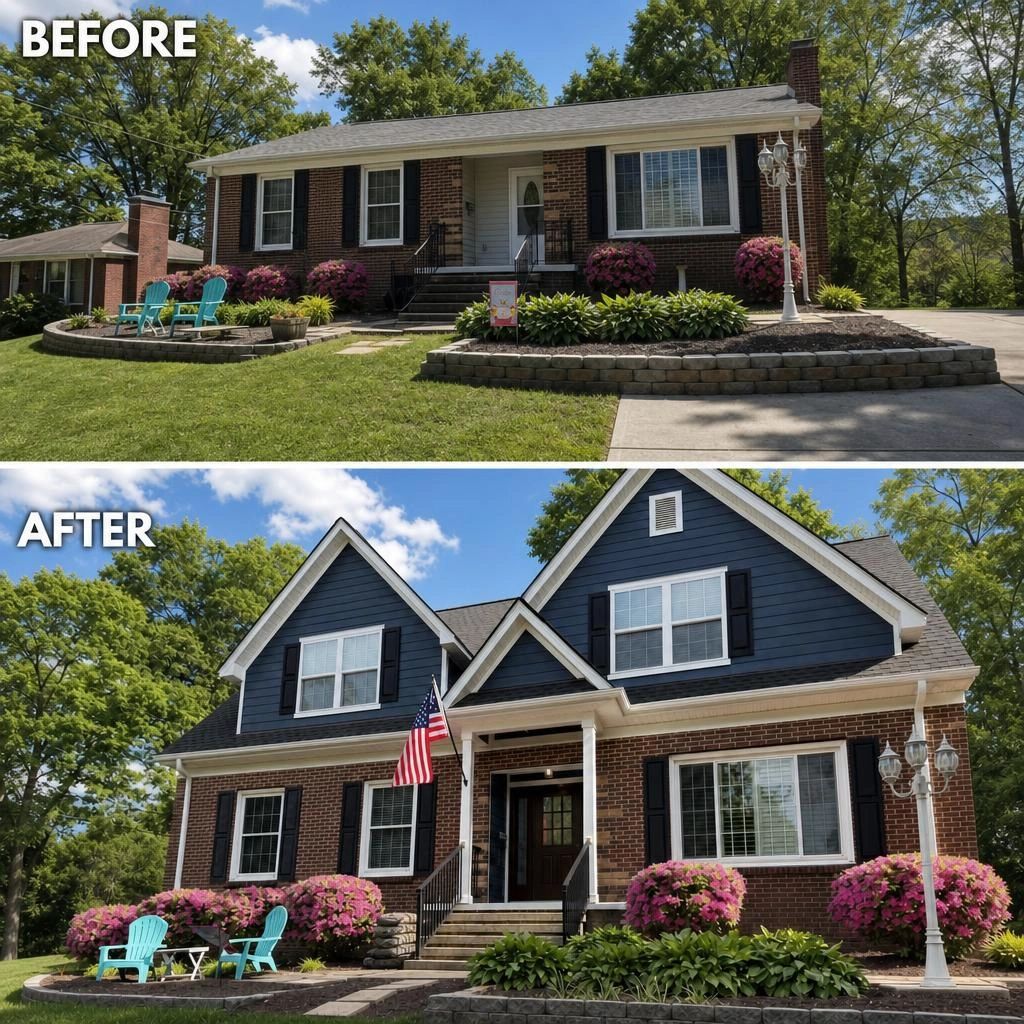 Before Before and after of a second-story addition in Charlotte, North
Carolina. The before photo shows a single-story red brick ranch with
black shutters, a small stoop, pink azaleas and a low stone retaining
wall. The after photo shows the same house with a full second floor
added in navy lap and shake siding above the original brick, white
trim, twin front gables, a covered entry with white columns and a
wood front door.
 after house exterior transformation with new upper level and blue siding.