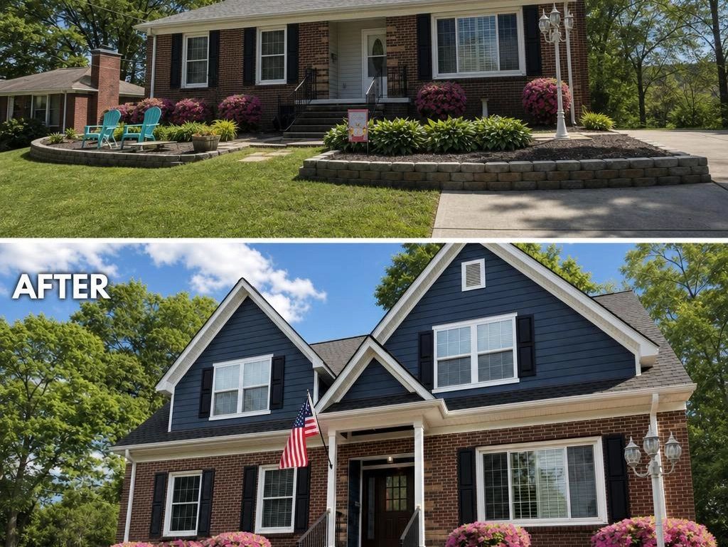 Before Before and after of a second-story addition in Charlotte, North
Carolina. The before photo shows a single-story red brick ranch with
black shutters, a small stoop, pink azaleas and a low stone retaining
wall. The after photo shows the same house with a full second floor
added in navy lap and shake siding above the original brick, white
trim, twin front gables, a covered entry with white columns and a
wood front door.
 after house exterior transformation with new upper level and blue siding.