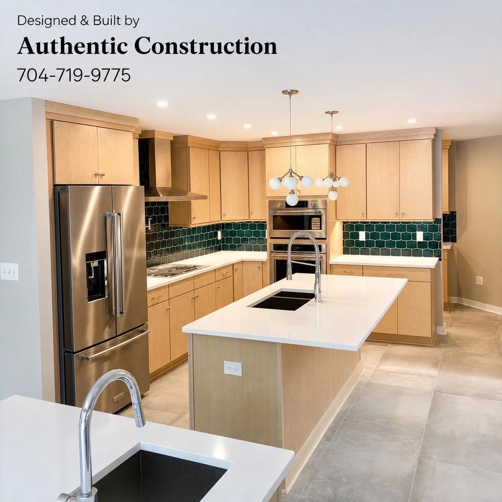 Modern kitchen with light wood cabinets and green tile backsplash.