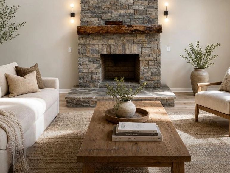 Cozy living room with stone fireplace and wooden coffee table.