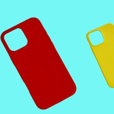 Red and yellow phone cases on a blue background.