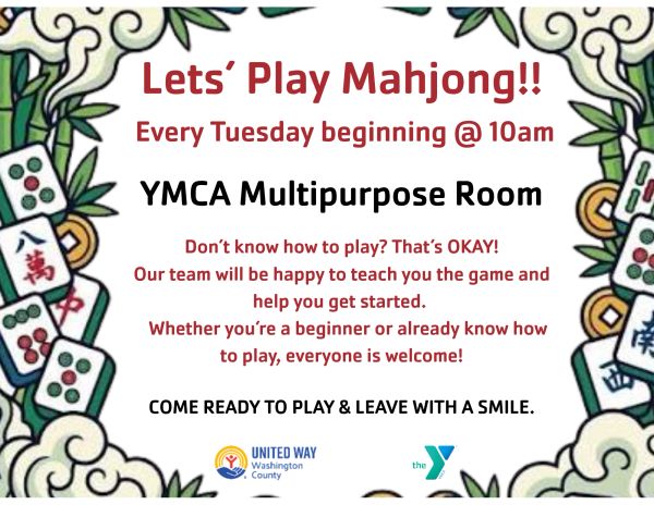 Mahjong play sessions every Tuesday at YMCA Multipurpose Room.
