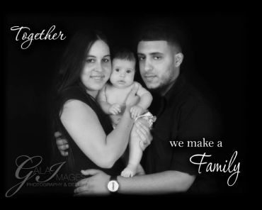 Black and white family portrait with parents holding their baby, captioned 'Together we make a Family'.