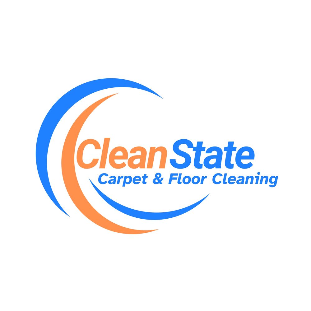Logo for Clean State Carpet & Floor Cleaning with blue and orange swooshes.
