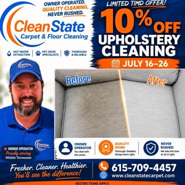 CleanState carpet &amp; upholstery cleaning 10% off limited time.
