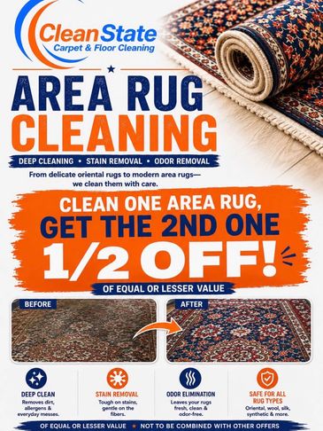 Area rug cleaning service with discount offer.