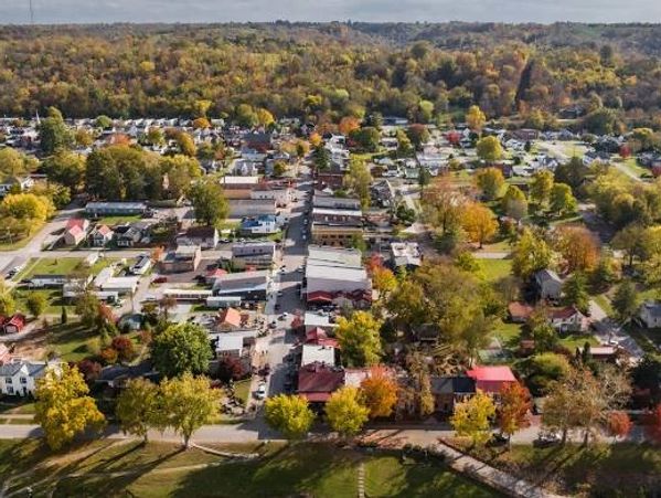 Aerial view of a small town surrounded by autumn trees.