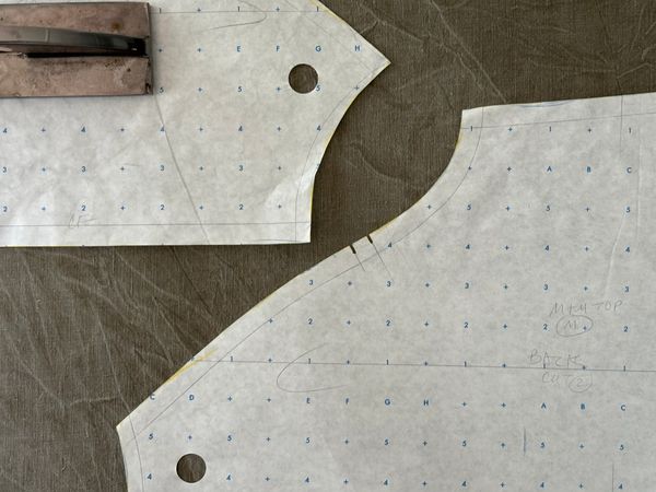 Sewing pattern pieces laid on fabric, ready to cut.